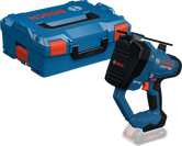 Pistol gemuk nirkabel Bosch GGC 18V-12 beserta wadahnya.