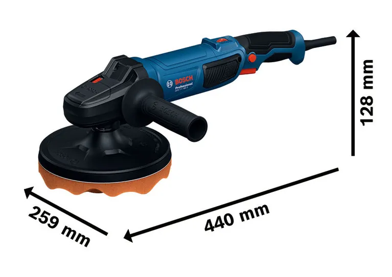 Mesin poles Bosch GPO 11-180 S dengan pegangan ergonomis.