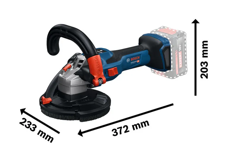 Penggiling beton Bosch GBR 18V-15 S dengan dimensi ukuran.