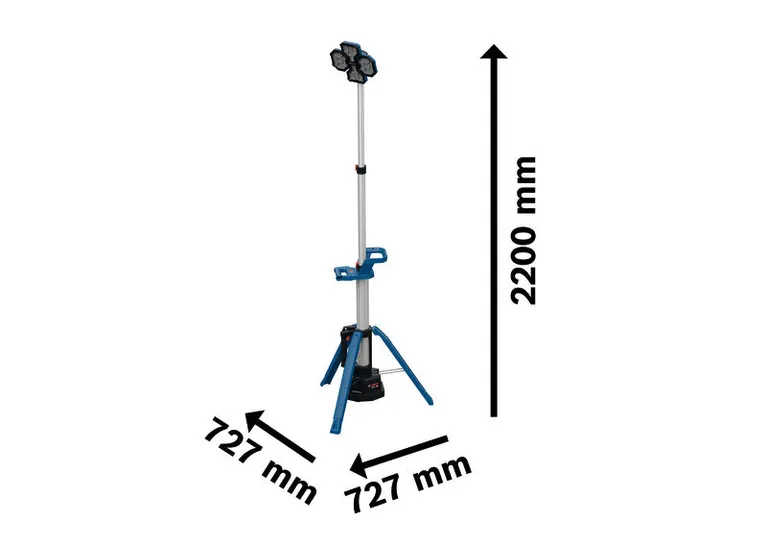 Lampu lokasi kerja nirkabel Bosch GLT18V-5000, tinggi tripod 2200 mm.