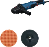 Mesin poles Bosch GPO 11-180 dengan bantalan dan pelat penyangga.