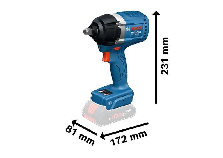 Kunci pas benturan Bosch IDS 18V-650 T, desain ringkas.