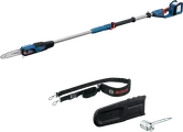 Gergaji tiang Bosch GKE 18V-25 dengan gagang teleskopik dan aksesori.