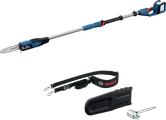 Gergaji tiang Bosch GKE 18V-25 dengan gagang teleskopik dan aksesori.