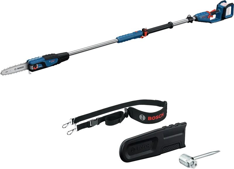 Gergaji tiang Bosch GKE 18V-25 dengan gagang teleskopik dan aksesori.