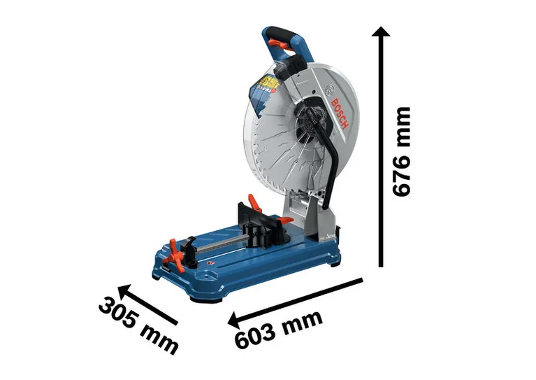 Gergaji potong logam Bosch GCD 18V-355 dengan dimensi yang ditampilkan.