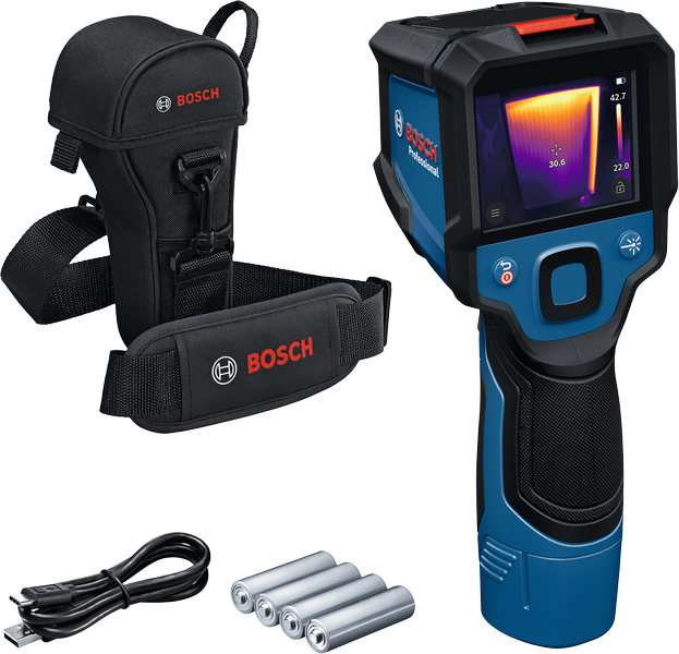 Kamera termal Bosch GTC 12V-450 dengan casing dan baterai.