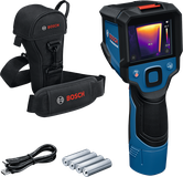 Kamera termal Bosch GTC 12V-450 dengan casing dan baterai.
