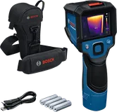 Kamera termal Bosch GTC 12V-450 dengan casing dan baterai.