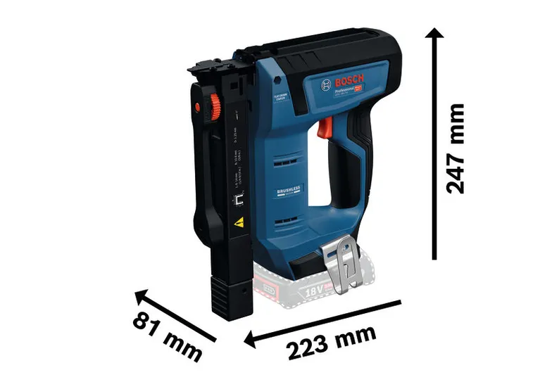 Stapler kayu nirkabel Bosch GTH 18V-14 dengan dimensi ukuran.