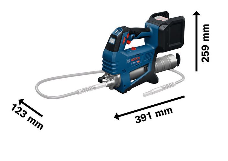 Pistol gemuk nirkabel Bosch GFP 18V-10 dengan dimensi yang ditampilkan.