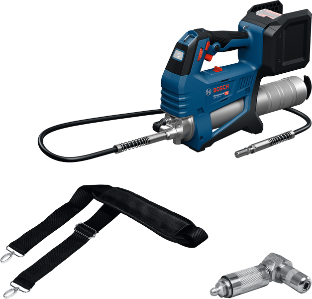 Pistol gemuk nirkabel Bosch GFP 18V-10 dengan tali.