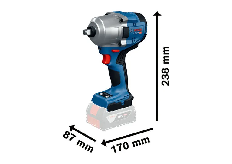 GDS 18V-780 Dimensi obeng benturan nirkabel Bosch GDS 18V-780 ditunjukkan.