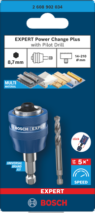Arbor Bosch EXPERT Power Change Plus dengan mata bor pemandu untuk penggunaan multi-material.