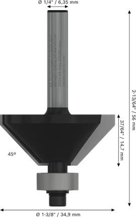 Mata Router Bosch PRO Chamfer 45 derajat, shank 1/4 inci.