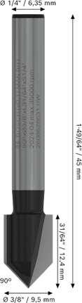Mata Router Bosch PRO V-Groove 90°, diameter 3/8 inci.