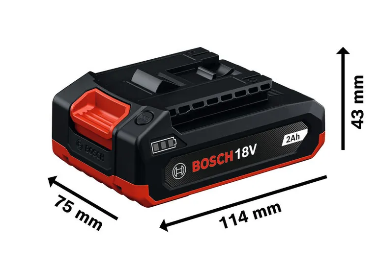 Paket baterai Bosch 18V 2Ah beserta dimensinya.