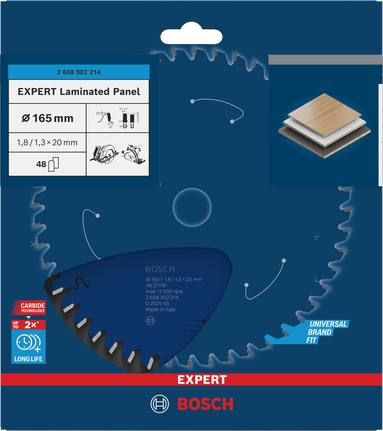 Mata pisau gergaji bundar Bosch EXPERT untuk panel laminasi, ukuran 165 mm.
