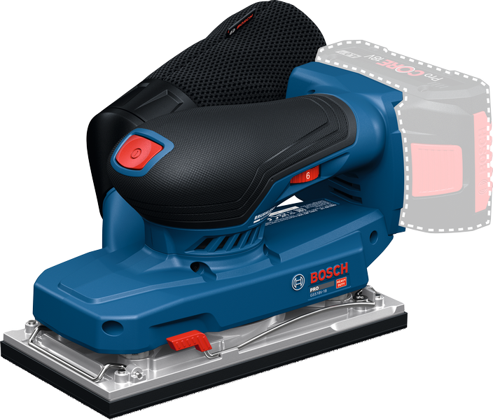 Mesin pengamplas orbital Bosch GSS18V-18 dengan pegangan ergonomis.