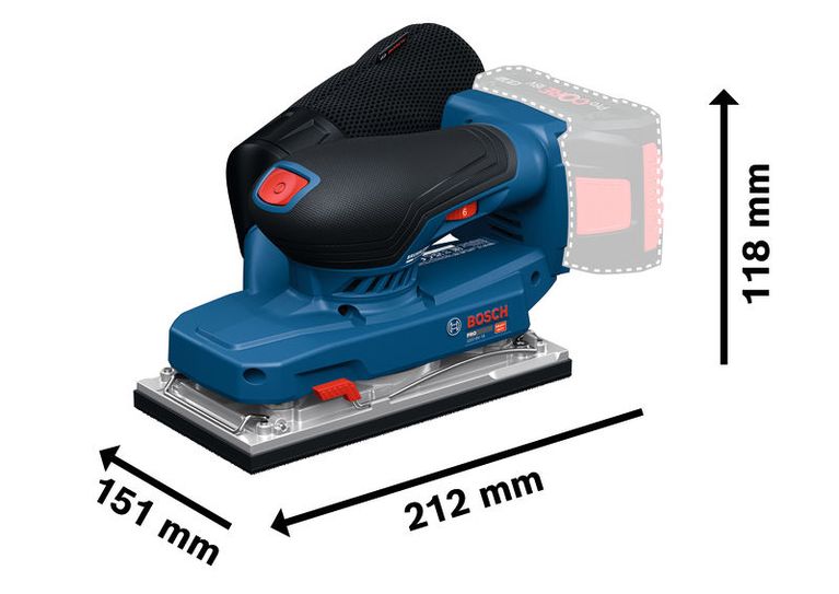 Mesin pengamplas orbital Bosch GSS18V-18 dengan dimensi yang ditampilkan.
