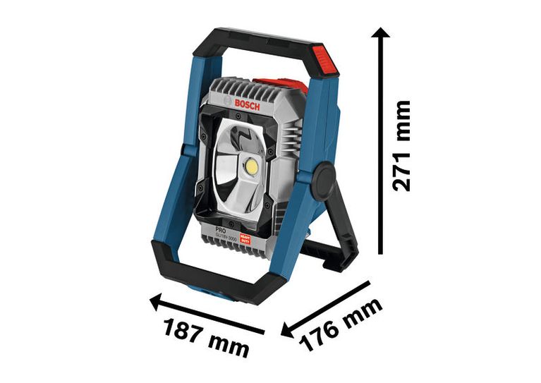 Lampu lokasi kerja nirkabel Bosch GLI18V-3000 beserta dimensinya.