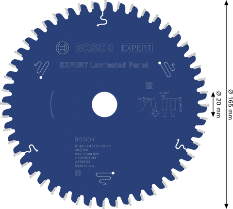 Mata pisau gergaji bundar Bosch EXPERT untuk panel laminasi, 165 mm.