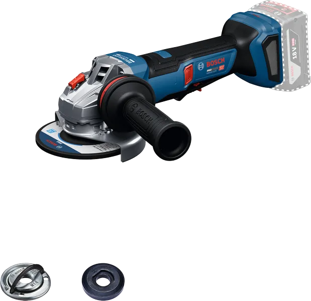 Penggiling sudut nirkabel Bosch GWS18V-11PS dengan aksesori.