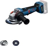 Penggiling sudut nirkabel Bosch GWS18V-11PS dengan aksesori.