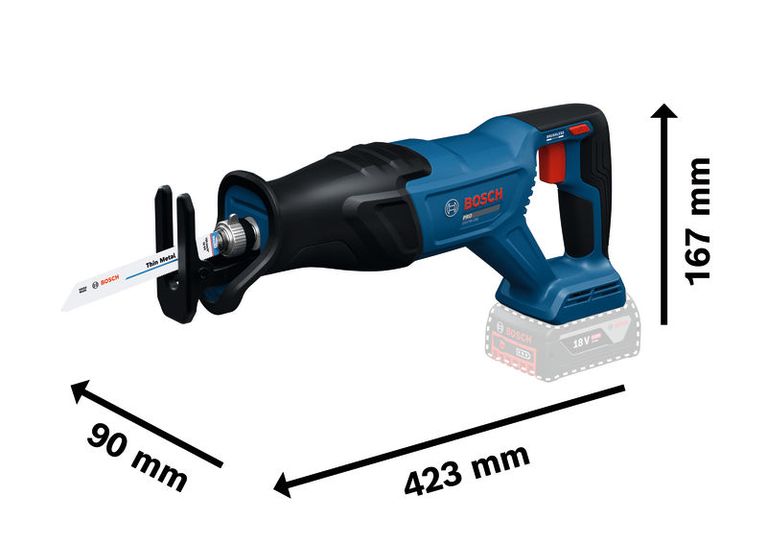 Gergaji bolak-balik tanpa kabel Bosch GSA18V-280, panjang 423 mm.