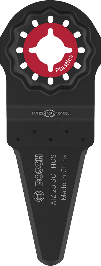 Mata pisau Bosch AIZ 28 SC Starlock untuk pemotongan plastik.