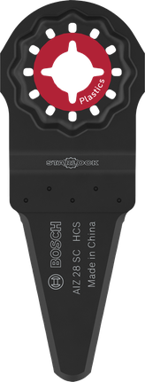 Mata pisau Bosch AIZ 28 SC Starlock untuk pemotongan plastik.