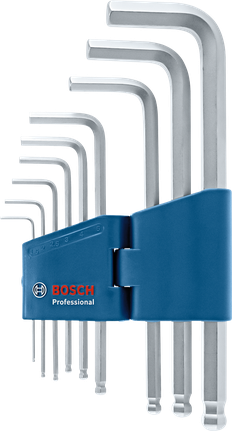 Satu set kunci heksagonal berbentuk L dalam wadah berwarna biru.