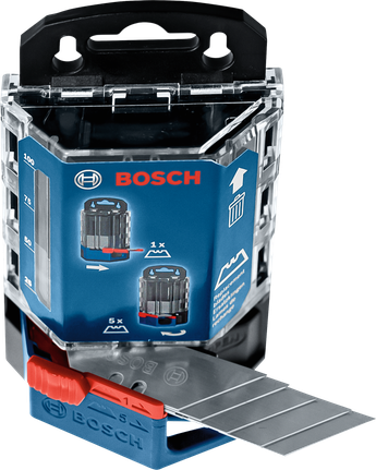 Pisau serbaguna berbahan logam ditumpuk dalam wadah berwarna biru dan hitam beserta petunjuk pemotongan.