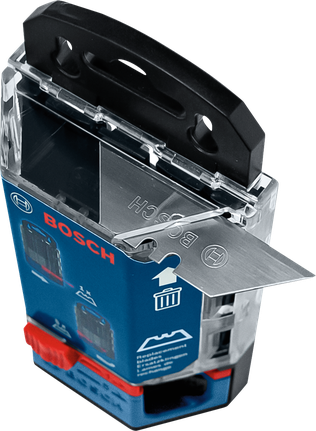 Dispenser pisau logam dengan pisau pengganti yang terlihat menonjol keluar.