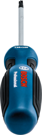 Obeng biru dan hitam dengan ujung Torx T25 dan gagang ergonomis.