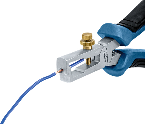 Alat pengupas kabel untuk melepaskan isolasi dari kabel listrik berwarna biru.