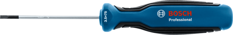 Obeng pipih dengan gagang ergonomis berwarna biru dan hitam.