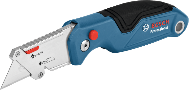 Pisau serbaguna dengan mata pisau yang dapat ditarik dan gagang biru yang ergonomis.