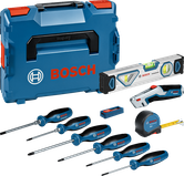 Set obeng dan perkakas tangan Bosch beserta kotak penyimpanannya.