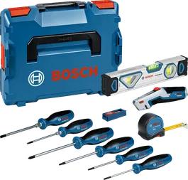 Set obeng dan perkakas tangan Bosch beserta kotak penyimpanannya.