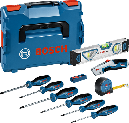 Set obeng dan perkakas tangan Bosch beserta kotak penyimpanannya.