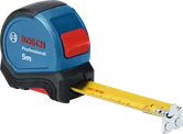 Meteran pita Bosch 5m dengan mata pisau metrik berwarna kuning.