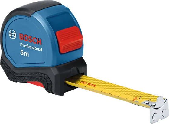 Meteran pita Bosch 5m dengan mata pisau metrik berwarna kuning.