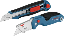 Set pisau Bosch 2 buah dengan mata pisau yang dapat ditarik dan dilipat.