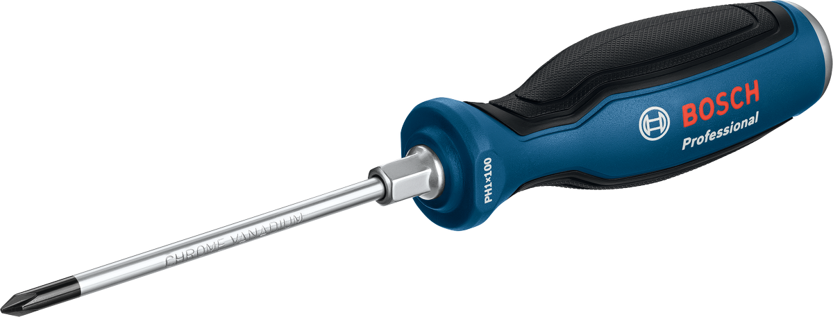 Obeng profesional Bosch PH1x100 dengan gagang ergonomis.