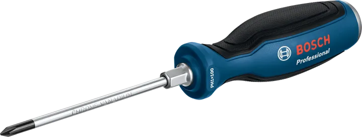 Obeng profesional Bosch PH1x100 dengan gagang ergonomis.