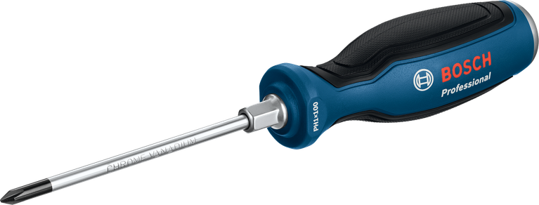 Obeng profesional Bosch PH1x100 dengan gagang ergonomis.