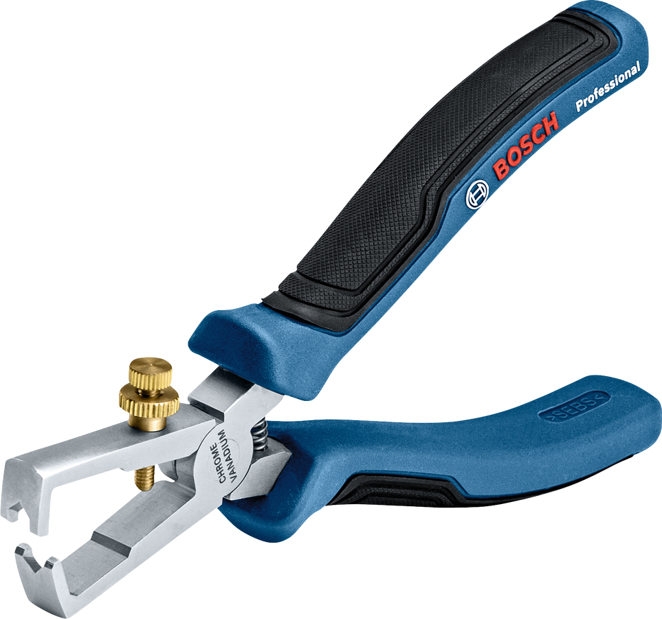 Tang pengupas kawat Bosch 160 mm dengan pegangan lembut ergonomis.