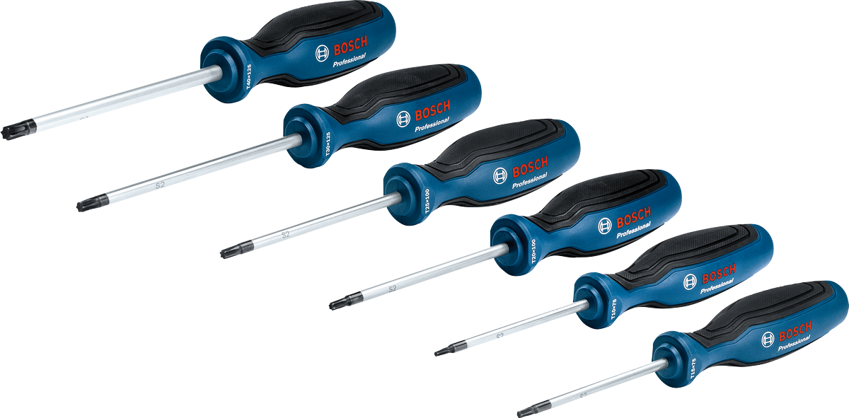 Set obeng Bosch TX 6 buah dengan gagang multi-komponen.