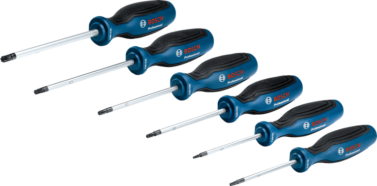 Set obeng Bosch TX 6 buah dengan gagang multi-komponen.
